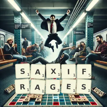 Creative illustration for a Scrabble game with the word SAXIFRAGES spelled out in tiles on the board.