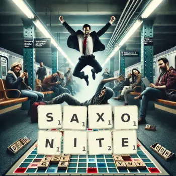 Creative illustration for a Scrabble game with the word SAXONITE spelled out in tiles on the board.