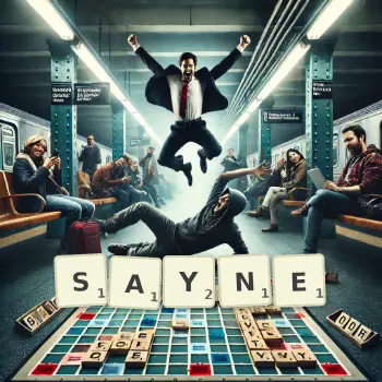Creative illustration for a Scrabble game with the word SAYNE spelled out in tiles on the board.