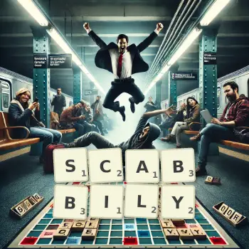 Creative illustration for a Scrabble game with the word SCABBILY spelled out in tiles on the board.