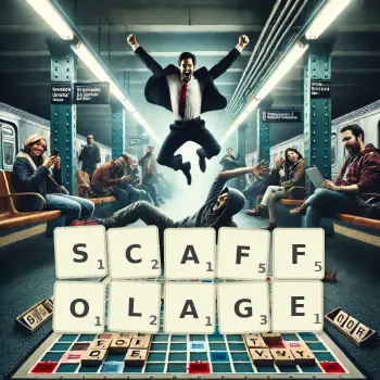 Creative illustration for a Scrabble game with the word SCAFFOLAGE spelled out in tiles on the board.