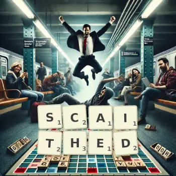 Creative illustration for a Scrabble game with the word SCAITHED spelled out in tiles on the board.