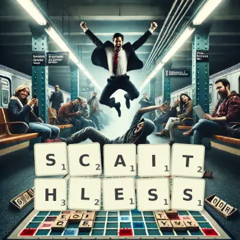 Creative illustration for a Scrabble game with the word SCAITHLESS spelled out in tiles on the board.