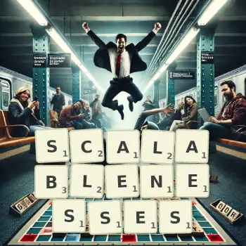 Creative illustration for a Scrabble game with the word SCALABLENESSES spelled out in tiles on the board.