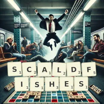 Creative illustration for a Scrabble game with the word SCALDFISHES spelled out in tiles on the board.