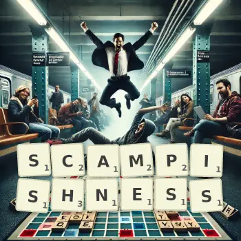 Creative illustration for a Scrabble game with the word SCAMPISHNESS spelled out in tiles on the board.