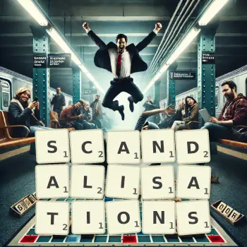 Creative illustration for a Scrabble game with the word SCANDALISATIONS spelled out in tiles on the board.