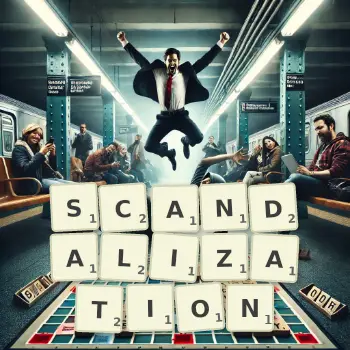 Creative illustration for a Scrabble game with the word SCANDALIZATION spelled out in tiles on the board.