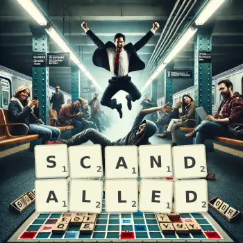 Creative illustration for a Scrabble game with the word SCANDALLED spelled out in tiles on the board.