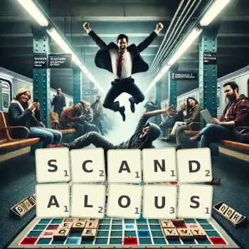 Creative illustration for a Scrabble game with the word SCANDALOUS spelled out in tiles on the board.
