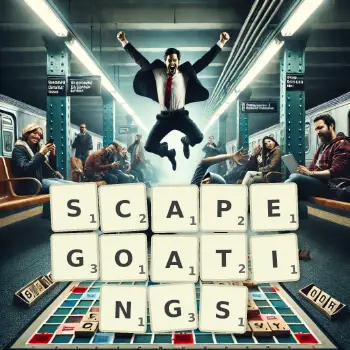 Creative illustration for a Scrabble game with the word SCAPEGOATINGS spelled out in tiles on the board.