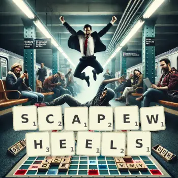 Creative illustration for a Scrabble game with the word SCAPEWHEELS spelled out in tiles on the board.