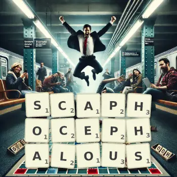 Creative illustration for a Scrabble game with the word SCAPHOCEPHALOUS spelled out in tiles on the board.