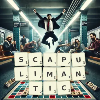 Creative illustration for a Scrabble game with the word SCAPULIMANTIC spelled out in tiles on the board.