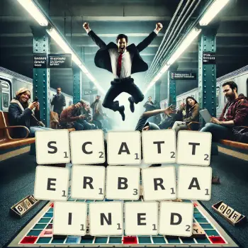 Creative illustration for a Scrabble game with the word SCATTERBRAINED spelled out in tiles on the board.