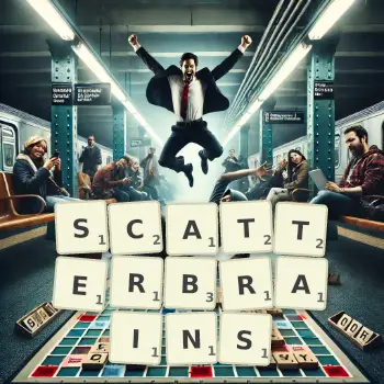 Creative illustration for a Scrabble game with the word SCATTERBRAINS spelled out in tiles on the board.