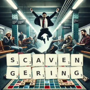 Creative illustration for a Scrabble game with the word SCAVENGERING spelled out in tiles on the board.