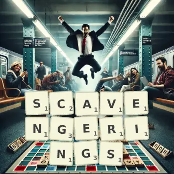 Creative illustration for a Scrabble game with the word SCAVENGERINGS spelled out in tiles on the board.
