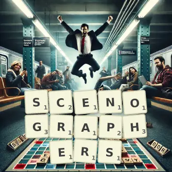 Creative illustration for a Scrabble game with the word SCENOGRAPHERS spelled out in tiles on the board.