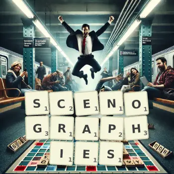Creative illustration for a Scrabble game with the word SCENOGRAPHIES spelled out in tiles on the board.