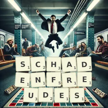 Creative illustration for a Scrabble game with the word SCHADENFREUDES spelled out in tiles on the board.