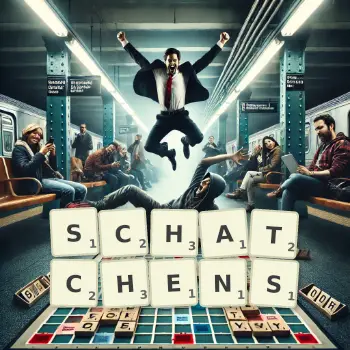 Creative illustration for a Scrabble game with the word SCHATCHENS spelled out in tiles on the board.