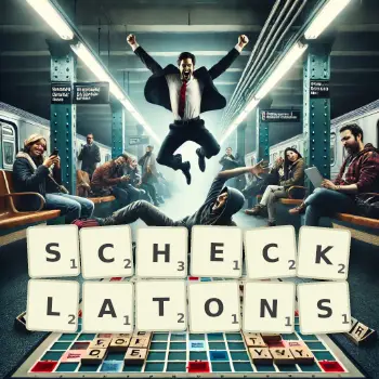 Creative illustration for a Scrabble game with the word SCHECKLATONS spelled out in tiles on the board.