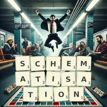 Creative illustration for a Scrabble game with the word SCHEMATISATION spelled out in tiles on the board.