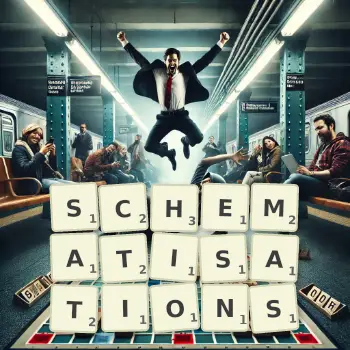 Creative illustration for a Scrabble game with the word SCHEMATISATIONS spelled out in tiles on the board.