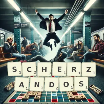 Creative illustration for a Scrabble game with the word SCHERZANDOS spelled out in tiles on the board.