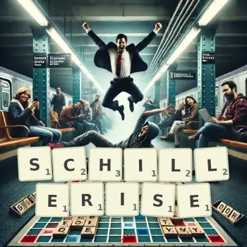 Creative illustration for a Scrabble game with the word SCHILLERISE spelled out in tiles on the board.