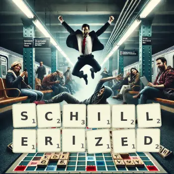Creative illustration for a Scrabble game with the word SCHILLERIZED spelled out in tiles on the board.