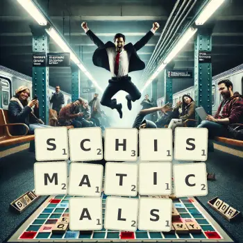 Creative illustration for a Scrabble game with the word SCHISMATICALS spelled out in tiles on the board.