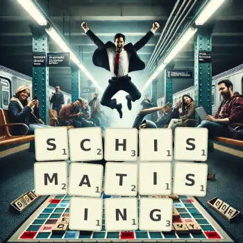 Creative illustration for a Scrabble game with the word SCHISMATISING spelled out in tiles on the board.