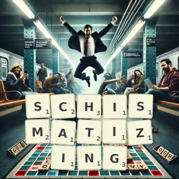 Creative illustration for a Scrabble game with the word SCHISMATIZING spelled out in tiles on the board.