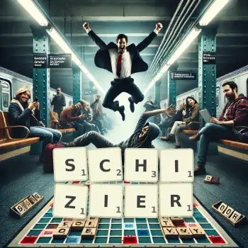 Creative illustration for a Scrabble game with the word SCHIZIER spelled out in tiles on the board.