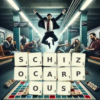 Creative illustration for a Scrabble game with the word SCHIZOCARPOUS spelled out in tiles on the board.