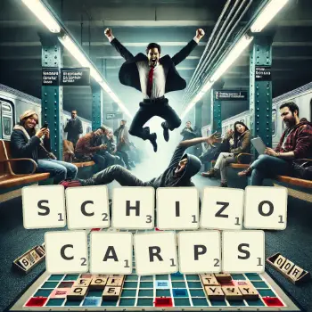 Creative illustration for a Scrabble game with the word SCHIZOCARPS spelled out in tiles on the board.