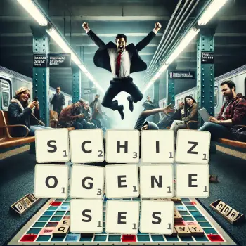 Creative illustration for a Scrabble game with the word SCHIZOGENESES spelled out in tiles on the board.
