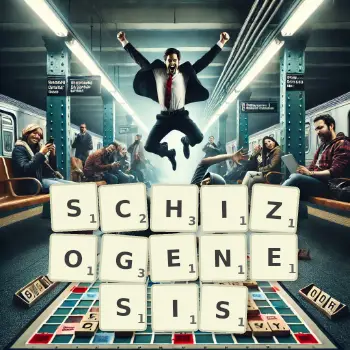 Creative illustration for a Scrabble game with the word SCHIZOGENESIS spelled out in tiles on the board.
