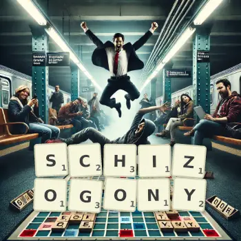 Creative illustration for a Scrabble game with the word SCHIZOGONY spelled out in tiles on the board.