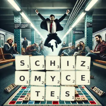 Creative illustration for a Scrabble game with the word SCHIZOMYCETES spelled out in tiles on the board.