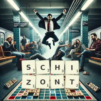 Creative illustration for a Scrabble game with the word SCHIZONT spelled out in tiles on the board.