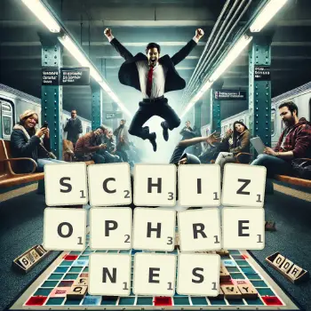 Creative illustration for a Scrabble game with the word SCHIZOPHRENES spelled out in tiles on the board.