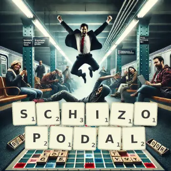 Creative illustration for a Scrabble game with the word SCHIZOPODAL spelled out in tiles on the board.
