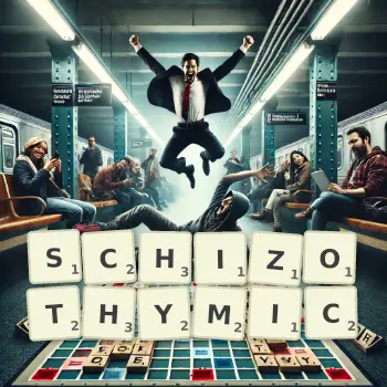 Creative illustration for a Scrabble game with the word SCHIZOTHYMIC spelled out in tiles on the board.
