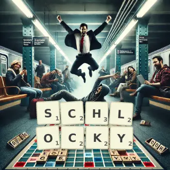 Creative illustration for a Scrabble game with the word SCHLOCKY spelled out in tiles on the board.
