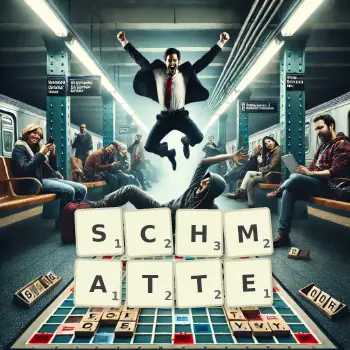 Creative illustration for a Scrabble game with the word SCHMATTE spelled out in tiles on the board.