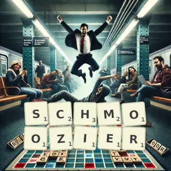 Creative illustration for a Scrabble game with the word SCHMOOZIER spelled out in tiles on the board.