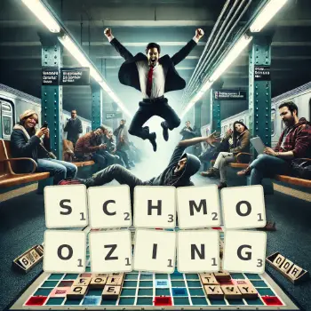 Creative illustration for a Scrabble game with the word SCHMOOZING spelled out in tiles on the board.